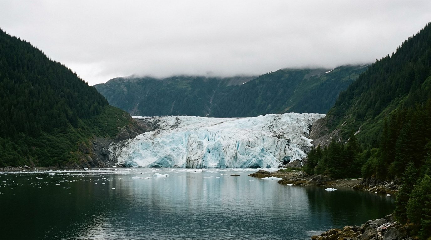 The blue white front of a tidewater glacier meeting dark water between steep spruce covered valley walls, with low cloud on the ridge and loose ice on the water