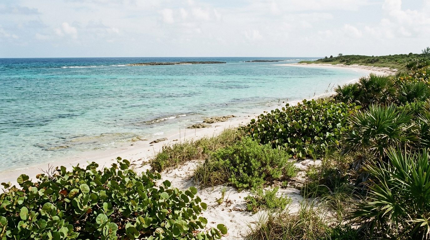 Clear turquoise water shelving over pale sand towards a low dune of sea grape and palmetto, with the reef showing as a darker line offshore