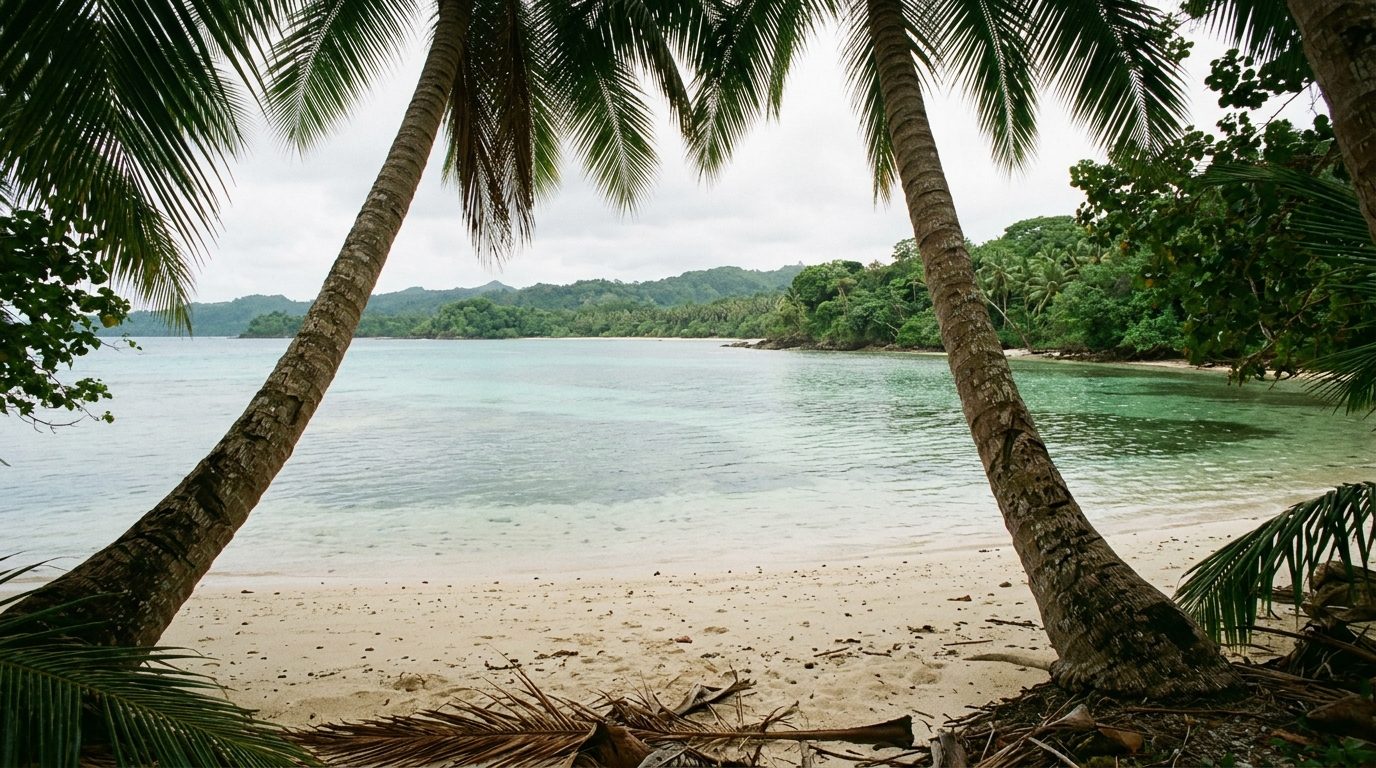 A calm green bay seen from deep shade beneath two leaning coconut palms, with fine sand in the foreground and wooded hills around the far shore