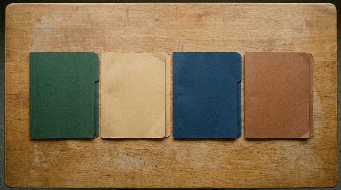 A plain wooden table photographed straight down in daylight, with four closed unmarked folders laid side by side and nothing else, and nobody present