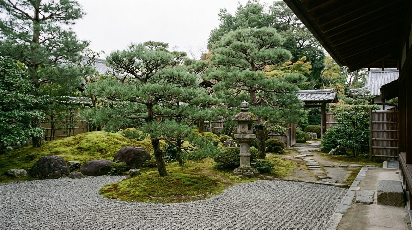 A temple garden in soft grey light: raked gravel, clipped pines on a moss bank, a weathered stone lantern and dark timber eaves at the edge of the frame