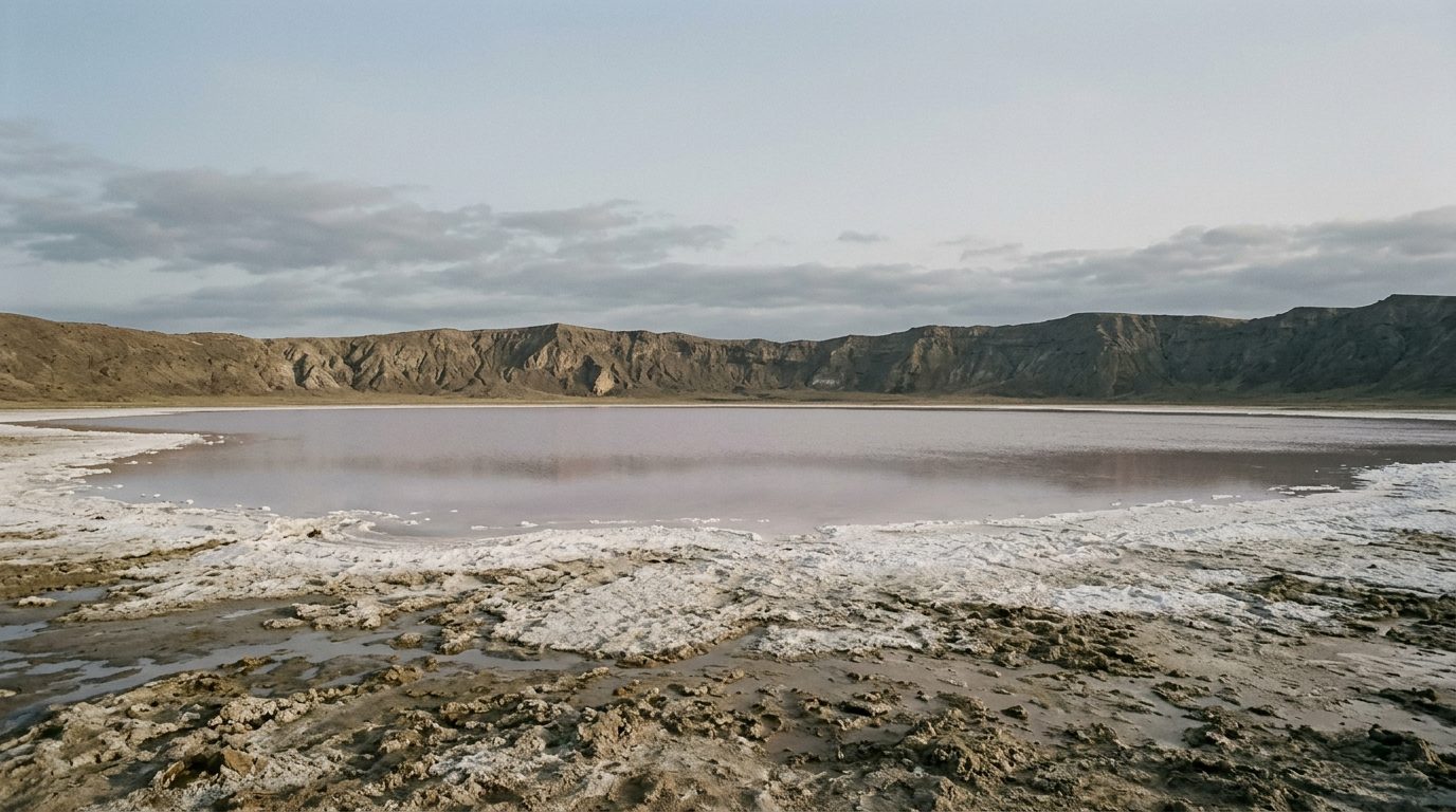 A shallow soda lake at first light, white alkaline crust rimming still pink grey water, with the eroded wall of an old crater along the far side