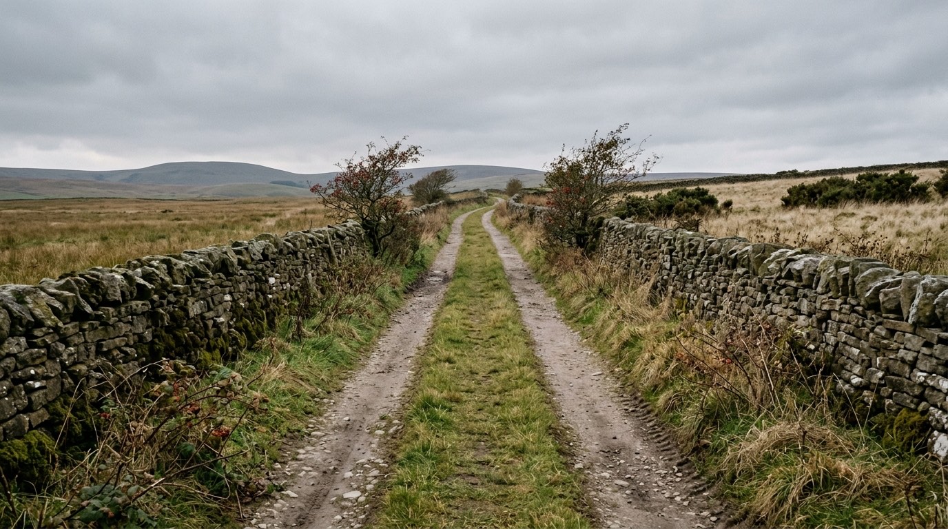 A single track country lane running between dry stone walls under a wide grey sky, with no vehicles, no people and no signposts