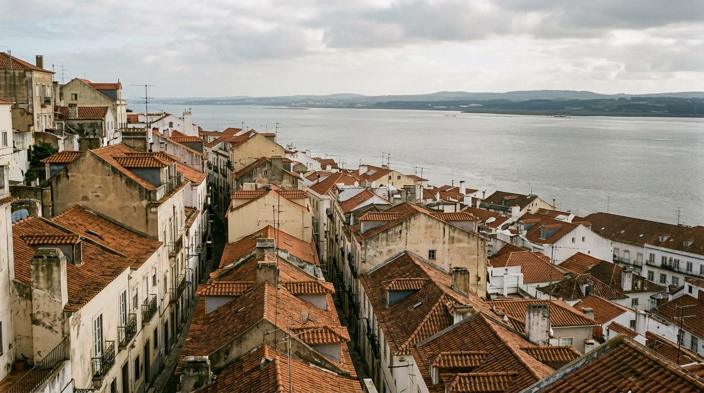 Ranks of terracotta rooftops falling away towards a broad river estuary, pale rendered walls and iron balconies between them