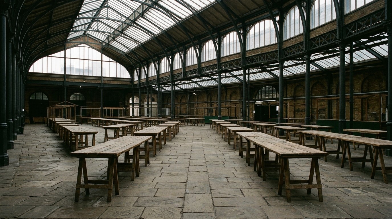 An empty covered market hall in the early morning: bare wooden trestle tables, an iron roof structure and light from high windows, with nobody present and no lettering on anything