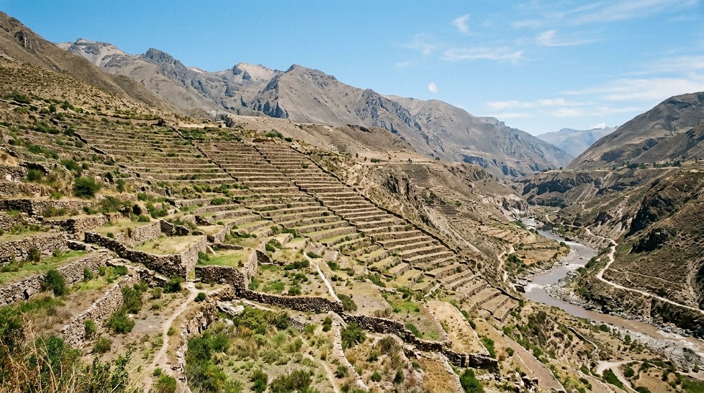 Broad dry stone terraces stepping up a steep Andean valley side in clear high light, with a brown river far below and bare ridges above