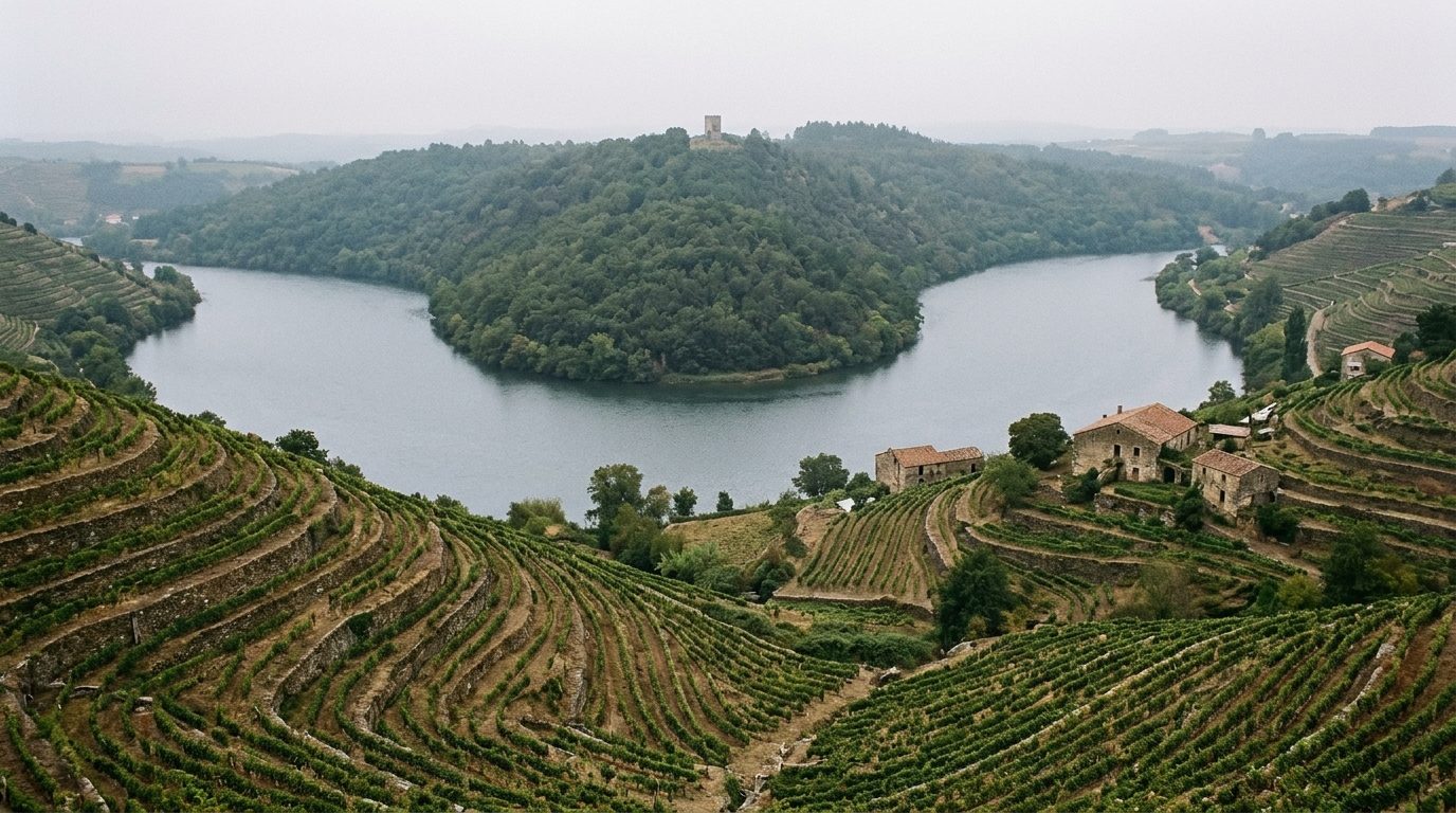 A wide river bend seen from above between steep vine terraces, a wooded hill on the inside of the bend carrying a small stone tower