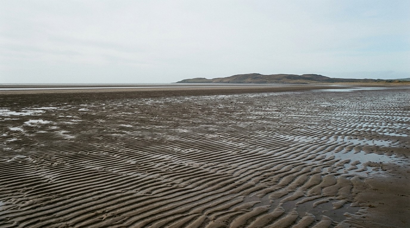 A wide flat tidal shore at low water under a pale sky, with ripples in the wet sand running to a distant low headland, empty of people and buildings