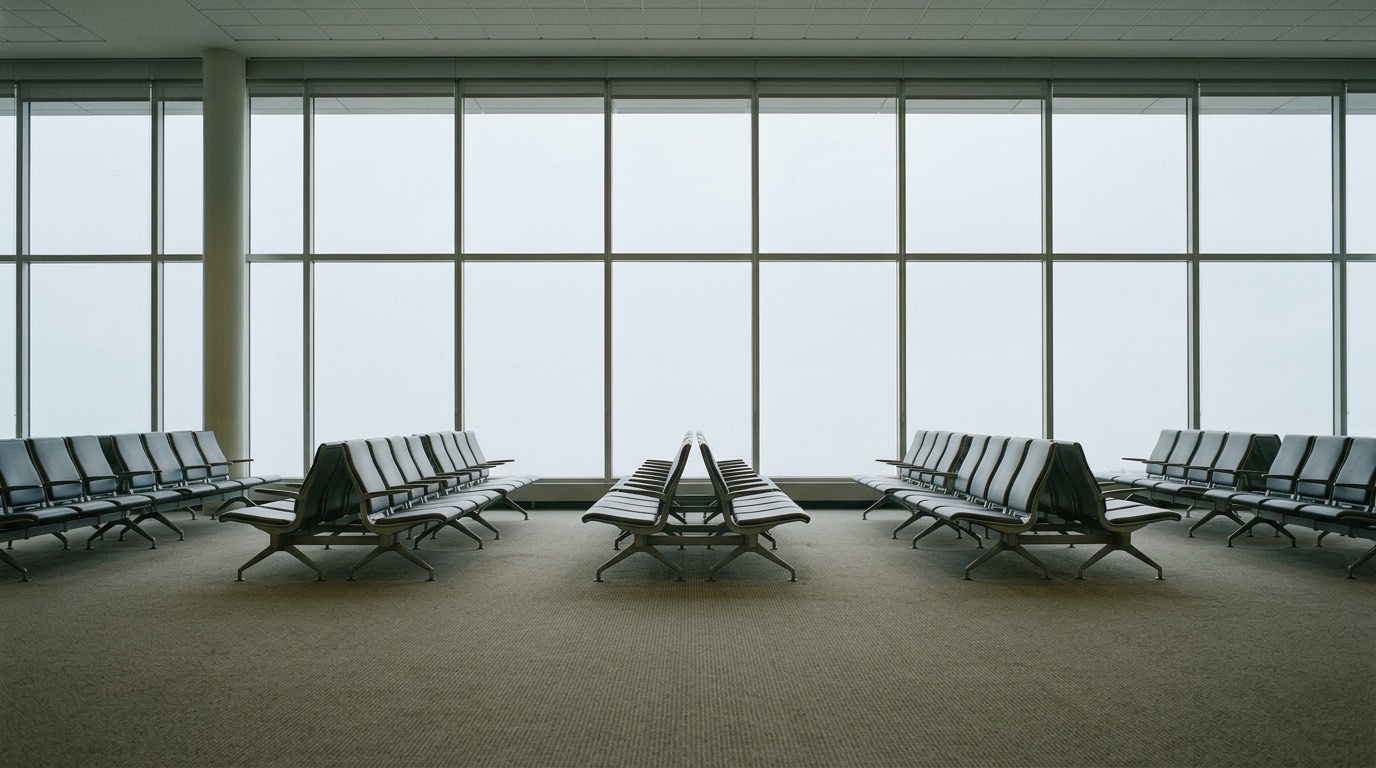 An empty airport gate lounge photographed square on in flat daylight: rows of plain seats, a plain floor and glass along one side with only sky beyond, with no aircraft, no people and no signage