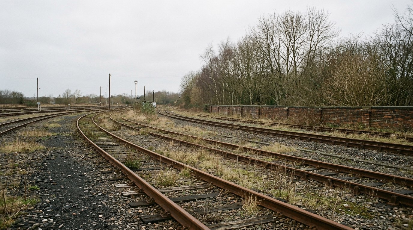 A quiet railway yard of empty sidings in flat overcast light, with rusted rails curving between weeds and a low brick wall behind, and nobody present
