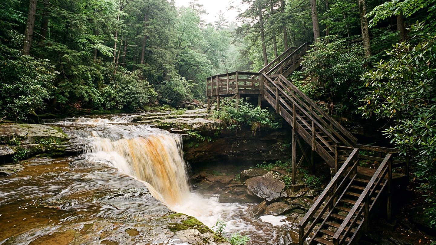 Amber water falling over a wide sandstone ledge into a green hemlock gorge under soft morning light