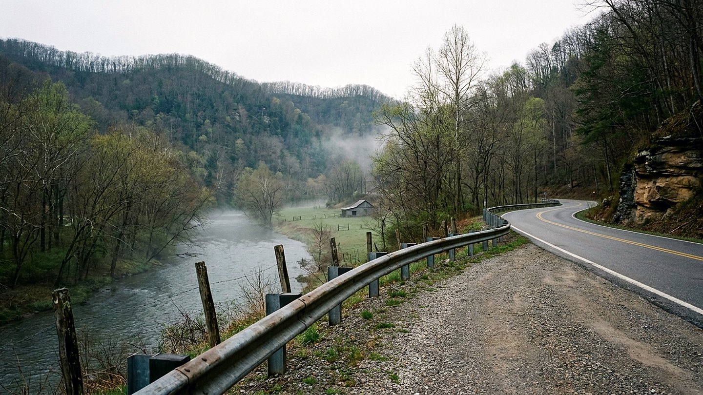 Two-lane river road following a wide West Virginia river with early spring hillsides above