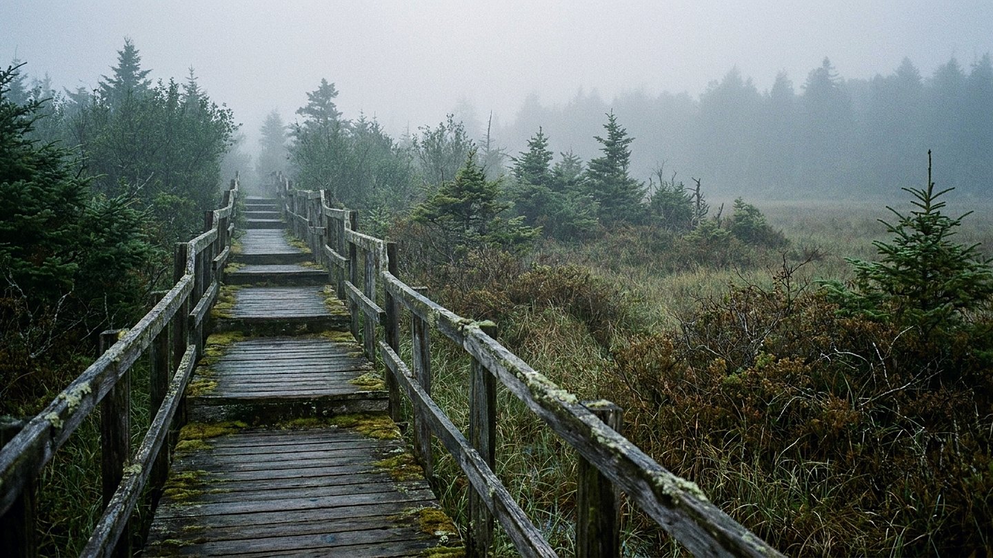 A weathered wooden boardwalk running low across an open sphagnum bog in morning fog