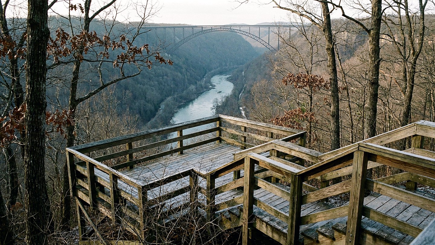 Bare winter forest on a sandstone rim above a deep river gorge in West Virginia