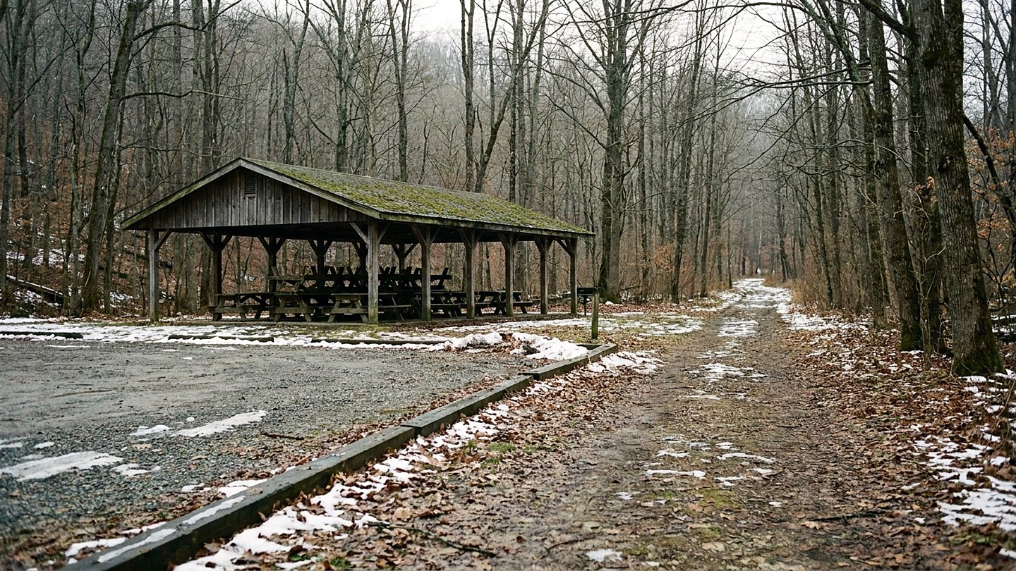 Empty picnic shelter and bare hardwood slope in a West Virginia state park in winter
