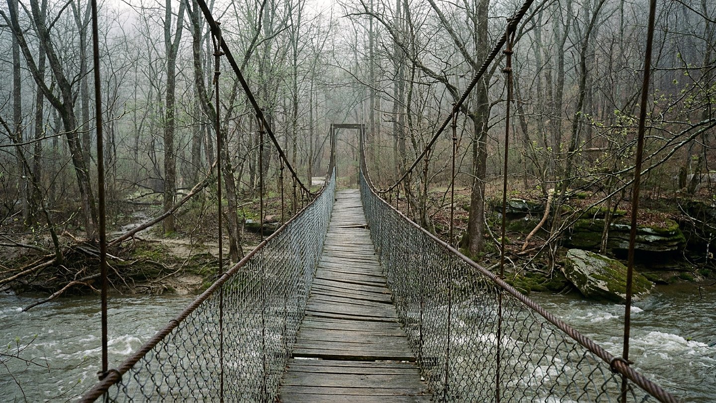 A narrow wooden footbridge hung on cables above a fast brown creek between bare early spring trees